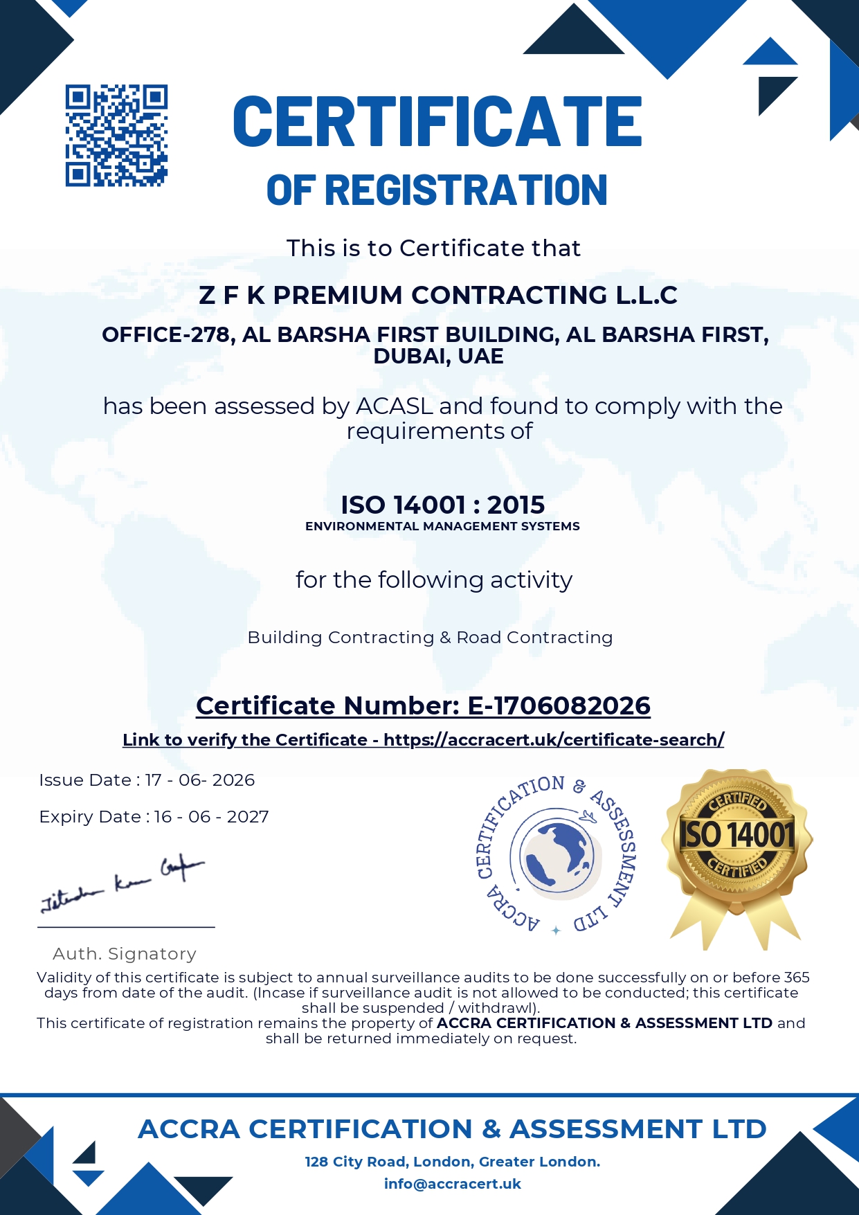 ISO 14001 : 2015 certificate