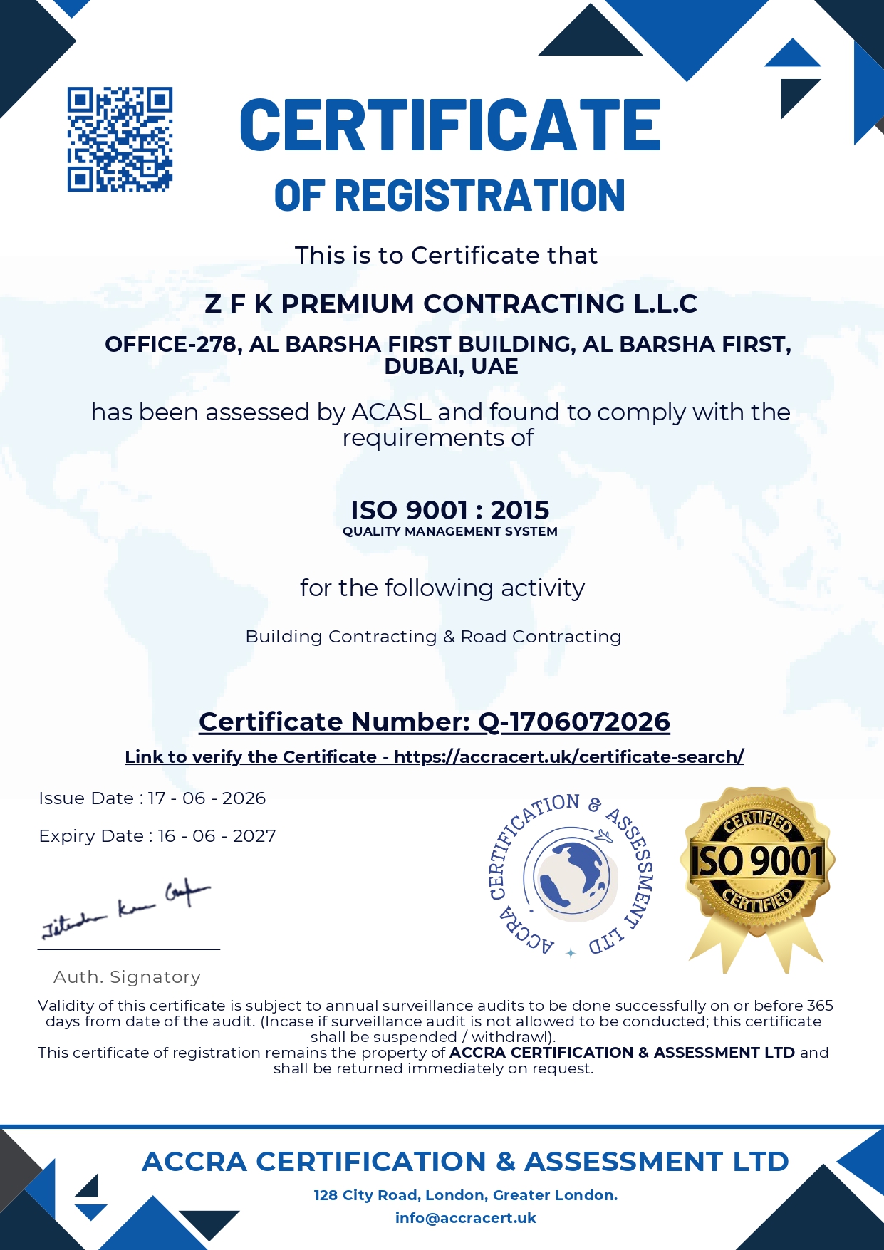 ISO 9001 : 2015 certificate
